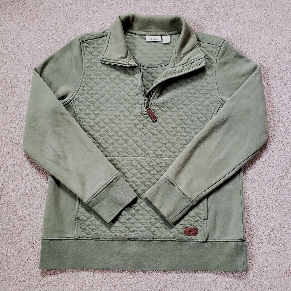 L.L.Bean Quilted Quarter Zip Pullover Sweater Pockets Sage Green Size S Pet